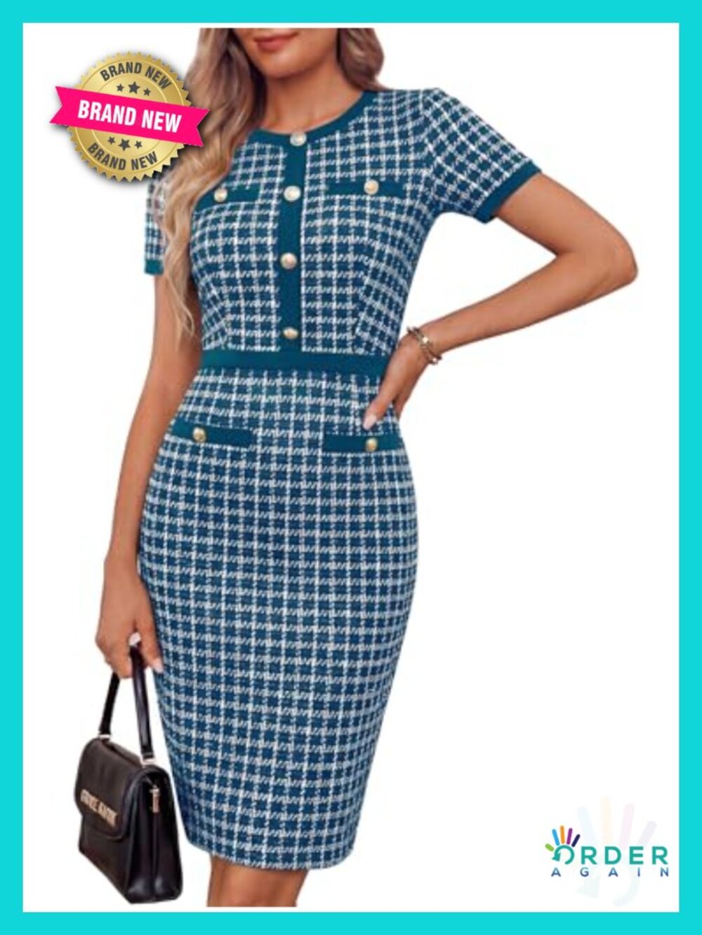 GRACE KARIN Bodycon Tweed Dress Short Sleeve Crew Neck Formal Business